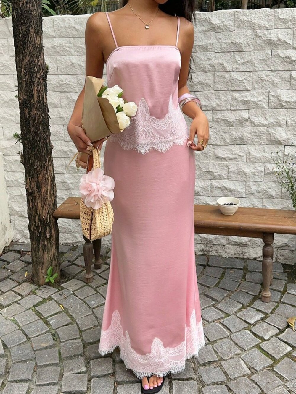 Pink Modest Women's Camisole Top & Lace Maxi Skirt Set - Picture 6 of 7